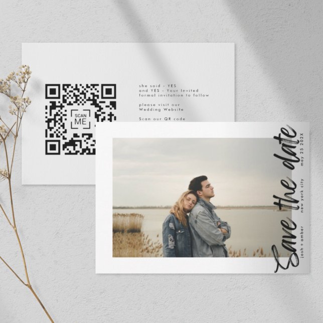 Side Ways QR Code Modern Simple Photo Border Save The Date (Creator Uploaded)