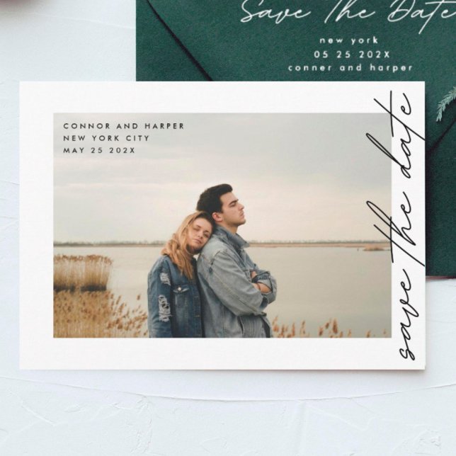 Side Ways QR Code Simply Elegant Text Photo Border Save The Date (Creator Uploaded)