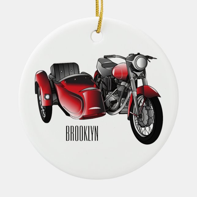 Sidecar motorcycle cartoon illustration  ceramic ornament (Front)