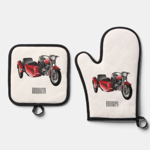 Sidecar motorcycle cartoon illustration oven mitt & pot holder set