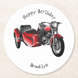 Sidecar motorcycle cartoon illustration round paper coaster