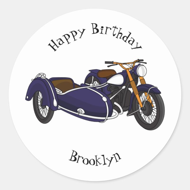 Sidecar purple motorcycle illustration classic round sticker (Front)