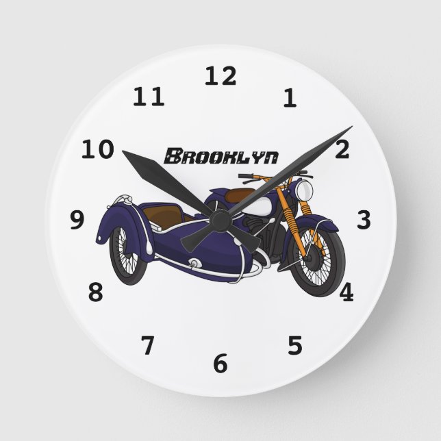 Sidecar purple motorcycle illustration round clock (Front)