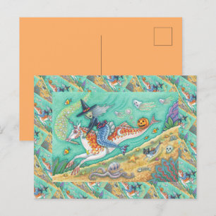 SIDESADDLE WITCH MERMAID, UNICORN MERHORSE FANTASY HOLIDAY POSTCARD