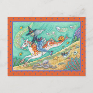 SIDESADDLE WITCH MERMAID, UNICORN MERHORSE FANTASY HOLIDAY POSTCARD