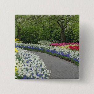 Sidewalk pathway through tulips and daffodils, 15 cm square badge