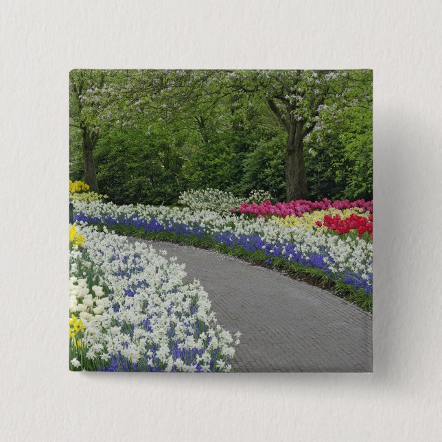 Sidewalk pathway through tulips and daffodils, 15 cm square badge (Front)
