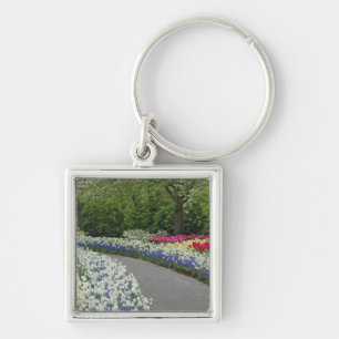 Sidewalk pathway through tulips and daffodils, key ring