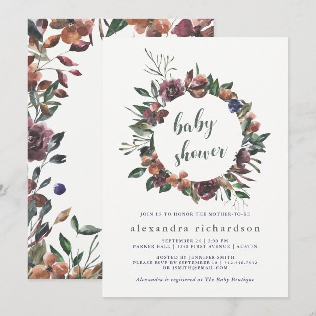 Sienna Botanical | Watercolor Wreath Baby Shower Invitation (Front/Back)