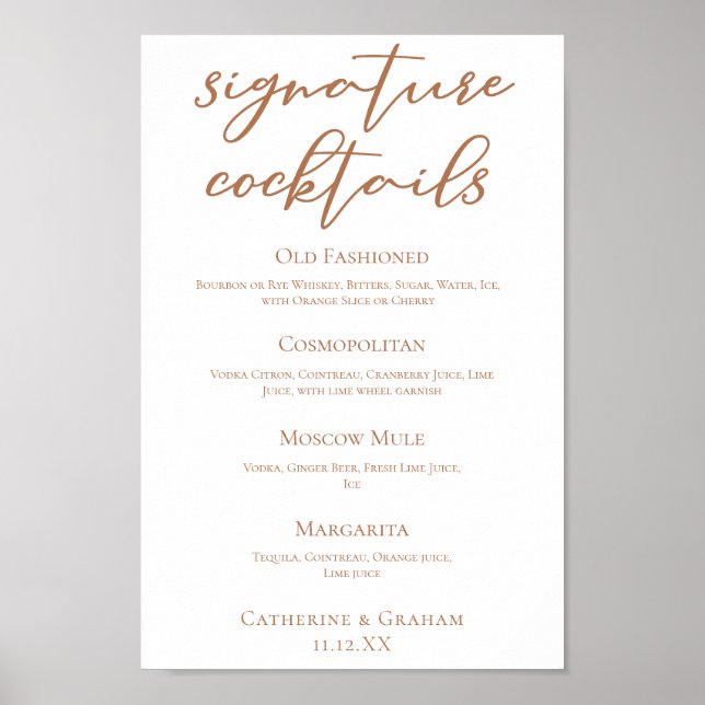 Sienna Brown Wedding Signature Cocktails Menu Poster (Front)