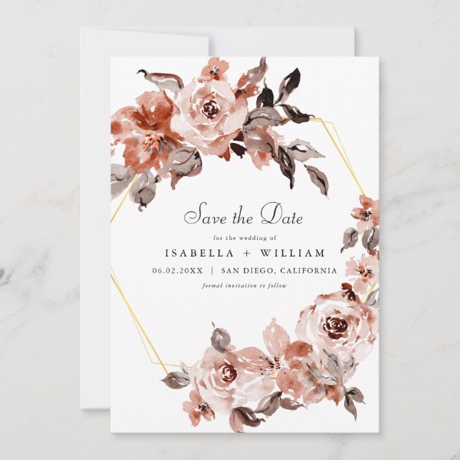 Sienna Floral and Gold Frame Save the Date Invitation (Front)
