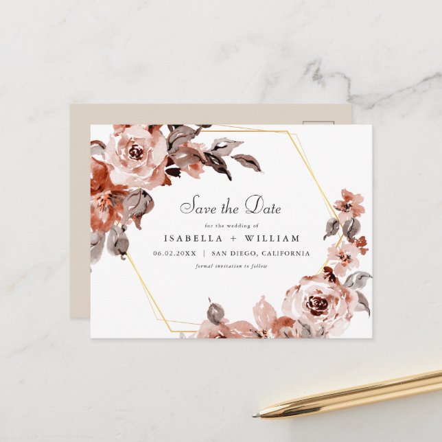 Sienna Floral and Gold Frame Save the Date Postcard (Front/Back In Situ)
