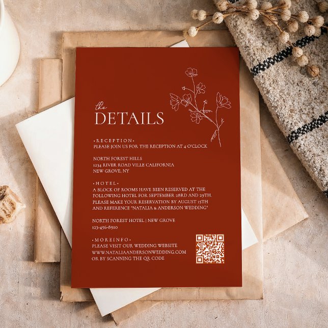 Sienna Terracotta Floral Qr code Wedding Details Enclosure Card (Creator Uploaded)
