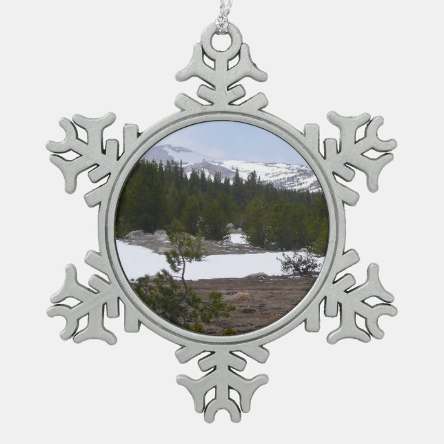 Sierra Nevada Mountains and Snow at Yosemite Snowflake Pewter Christmas Ornament (Front)