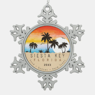 Siesta Key Florida Beach Retro Sunset Souvenir 60s Snowflake Pewter Christmas Ornament