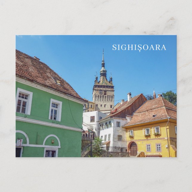 Sighisoara Clock Tower and buildings view postcard (Front)