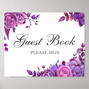 Sign guest book. Pink and purple wedding flowers