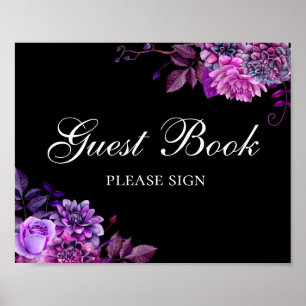Sign guest book. Purple flowers. Black wedding