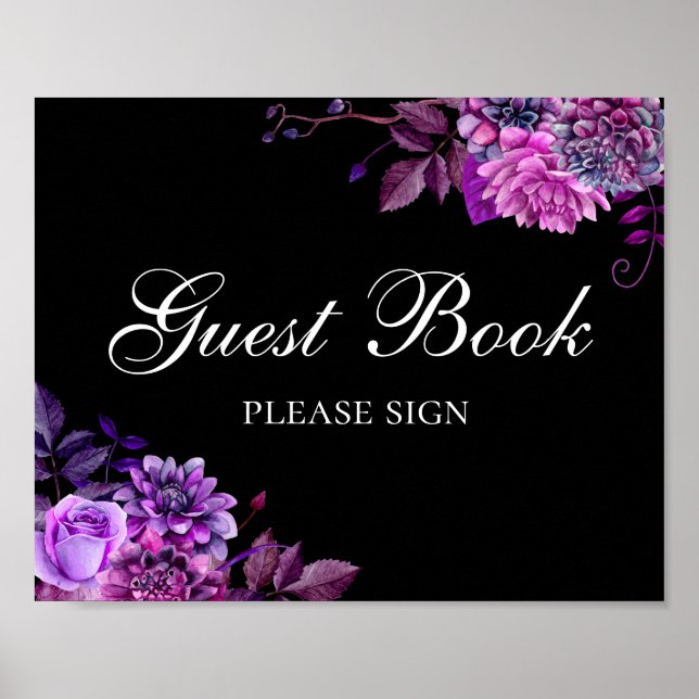 Sign guest book. Purple flowers. Black wedding (Front)