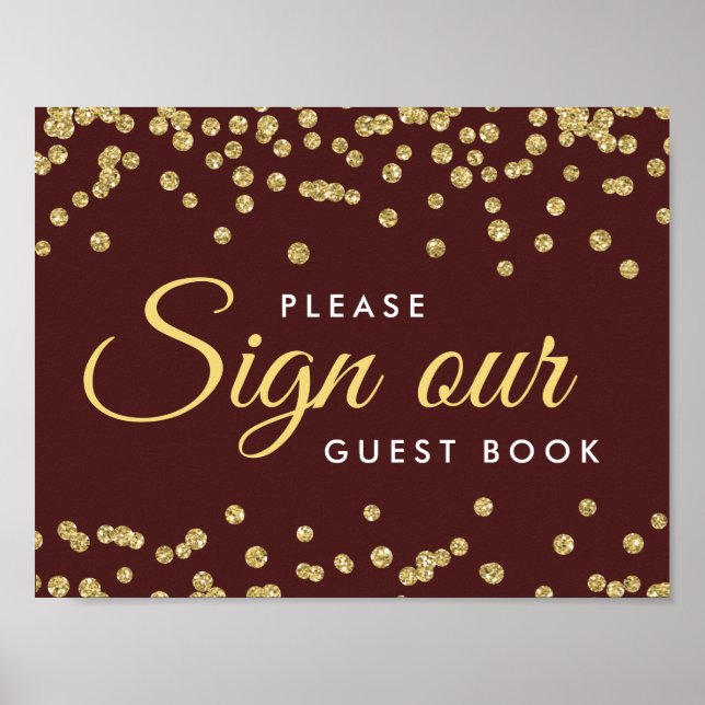 Sign Guestbook Gold Faux Glitter Confetti Marsala (Front)