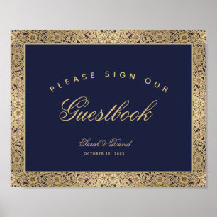 Sign Guestbook Navy Blue Gold Roses Wedding Sign