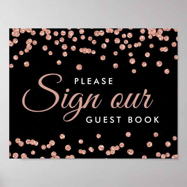 Sign Guestbook Rose Gold Glitter Confetti Black (Front)
