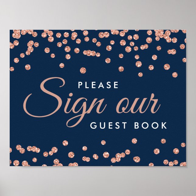 Sign Guestbook Rose Gold Glitter Confetti Navy (Front)