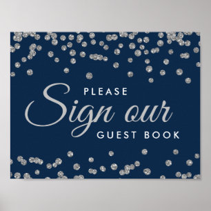Sign Guestbook Silver Faux Glitter Confetti Navy