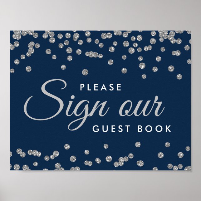 Sign Guestbook Silver Faux Glitter Confetti Navy (Front)