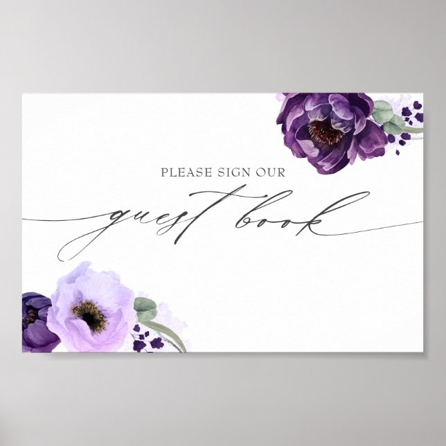Sign Our Guest Book Purple Floral Wedding Sign (Front)