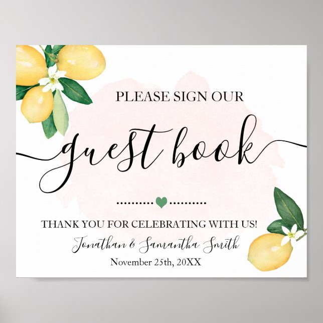 Sign our Guest Book Shower Wedding Lemons Pink (Front)