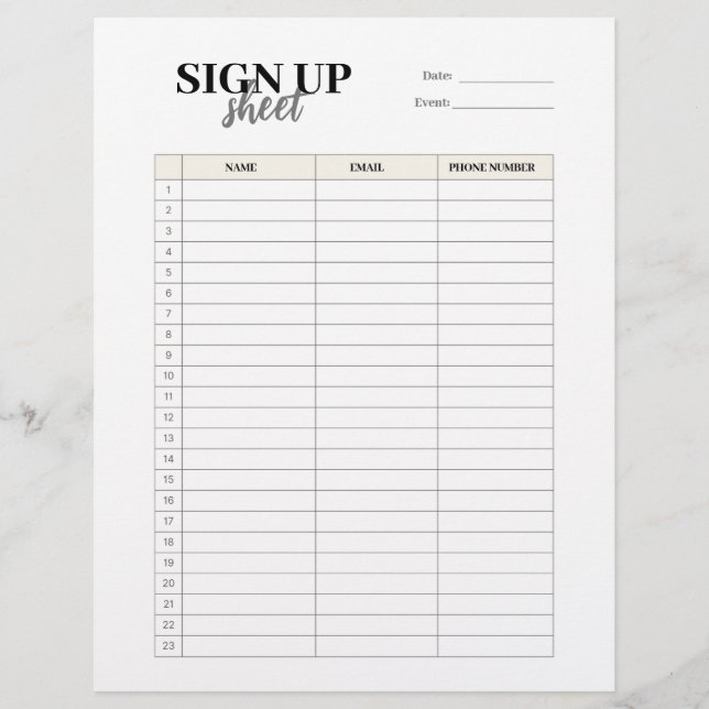 Sign up form template custom letterhead (Front)