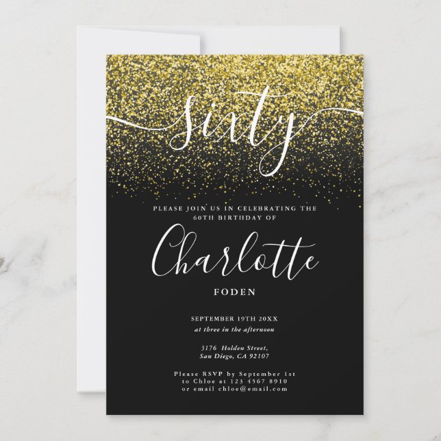 Signature 60th Birthday Gold Glitter Confetti Invitation (Front)