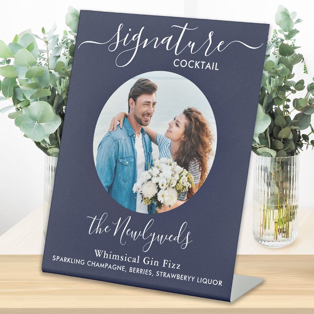 Signature Cocktail Wedding Drink Navy Blue Photo Pedestal Sign (Creator Uploaded)