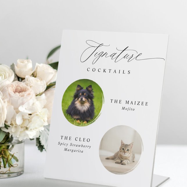 Signature Cocktails 2 Pet Photo Elegant Wedding Pedestal Sign (Signature Drinks wedding sign with 2 pet photos. Elegant Modern Romantic Calligraphy)