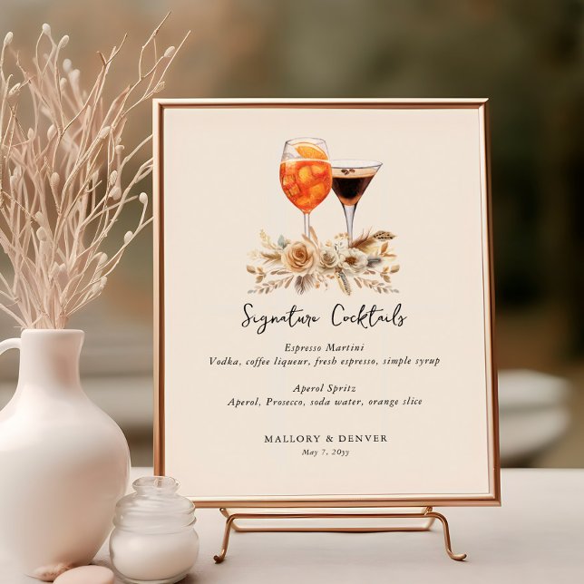 Signature Cocktails and Flowers Neutral Wedding Poster (Signature Cocktails poster from the Romantic Wedding Signs collection by Darling & May)