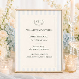 Signature Cocktails Blue & Sage Striped Wedding Poster