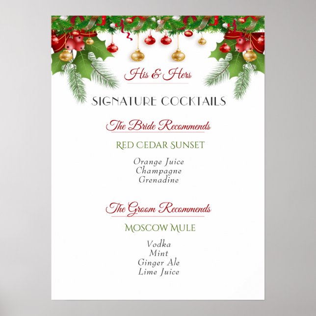 Signature Cocktails Christmas Winter Wedding Poster (Front)