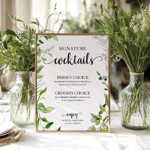 Signature Cocktails Greenery Watercolor Elegant Poster