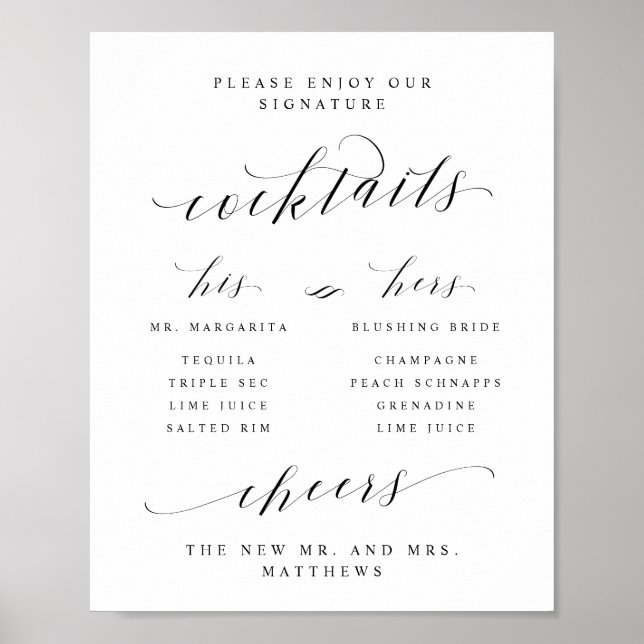 Signature Cocktails His & Hers Bar Menu Sign (Front)