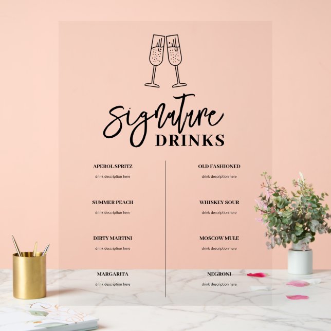 Signature Drink Bar Menu Acrylic Sign (Wedding)