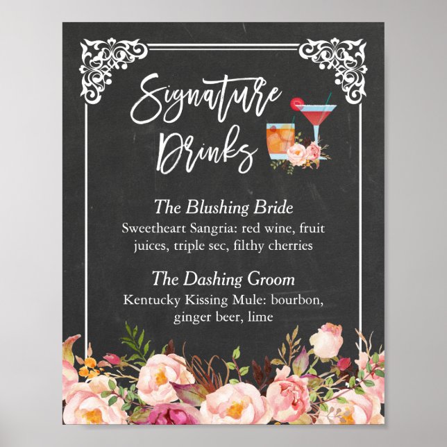 Signature Drink Cocktail Floral Chalkboard Wedding Poster (Front)