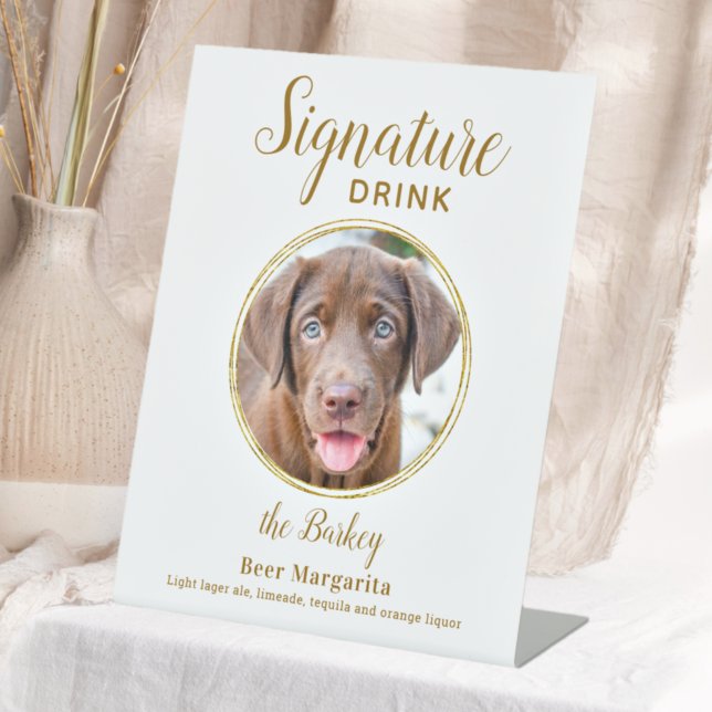 Signature Drink Elegant Gold Pet Wedding Photo Pedestal Sign (Creator Uploaded)