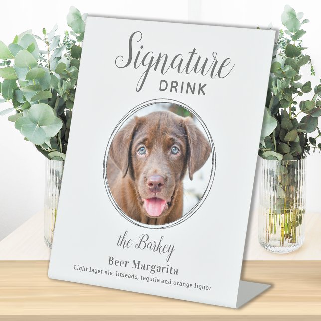 Signature Drink Elegant Silver Pet Wedding Photo  Pedestal Sign (Creator Uploaded)