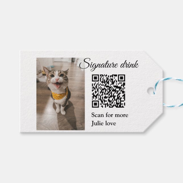 Signature drink scan QR code add pet photo name  Gift Tags (Front (Horizontal))
