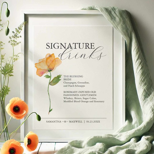 Signature Drinks 8x10 Floral Wedding Sign (Signature cocktail sign features an elegant watercolor orange flower by Victoria Grigaliunas )