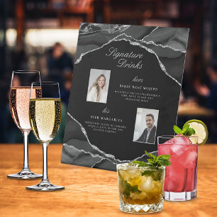 Signature Drinks Black Silver Agate Wedding Photos Pedestal Sign