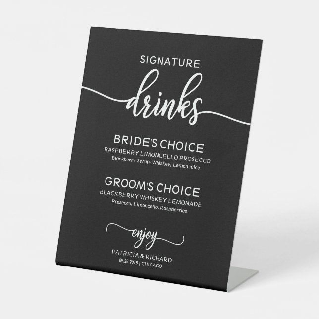 Signature Drinks Black White Script Wedding Sign (Front)