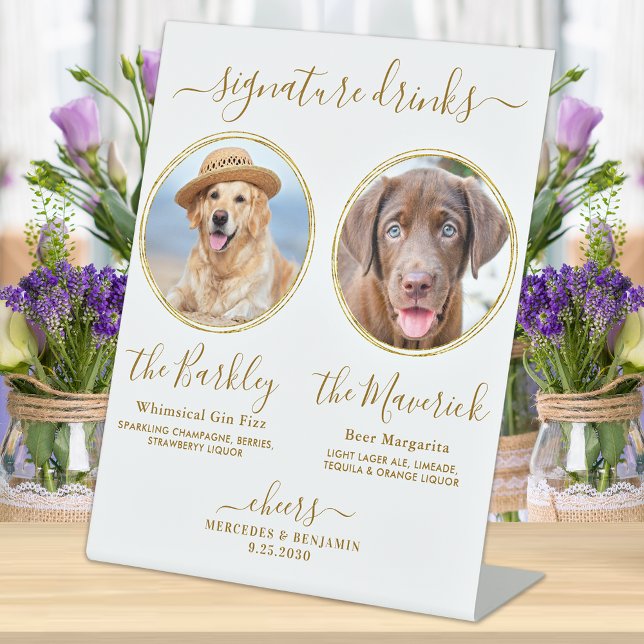 Signature Drinks Custom Photo Gold Pet Wedding Bar Pedestal Sign (Creator Uploaded)