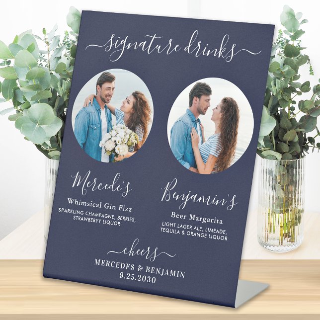 Signature Drinks Custom Photo Navy Blue Wedding Pedestal Sign (Creator Uploaded)